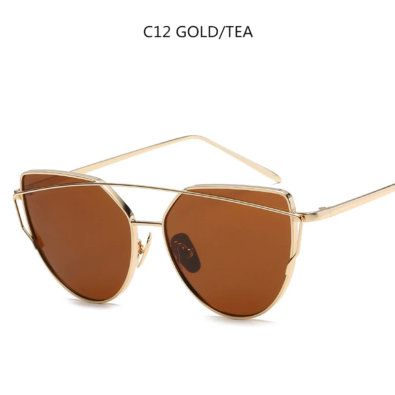 Gold Tea Зеркальные солнцезащитные очки Cateye, женские винтажные металлические отражающие очки, брендовые дизайнерские солнцезащитные очки Lunette De Soleil Femme UV400 - Цвет линз: Gold Tea