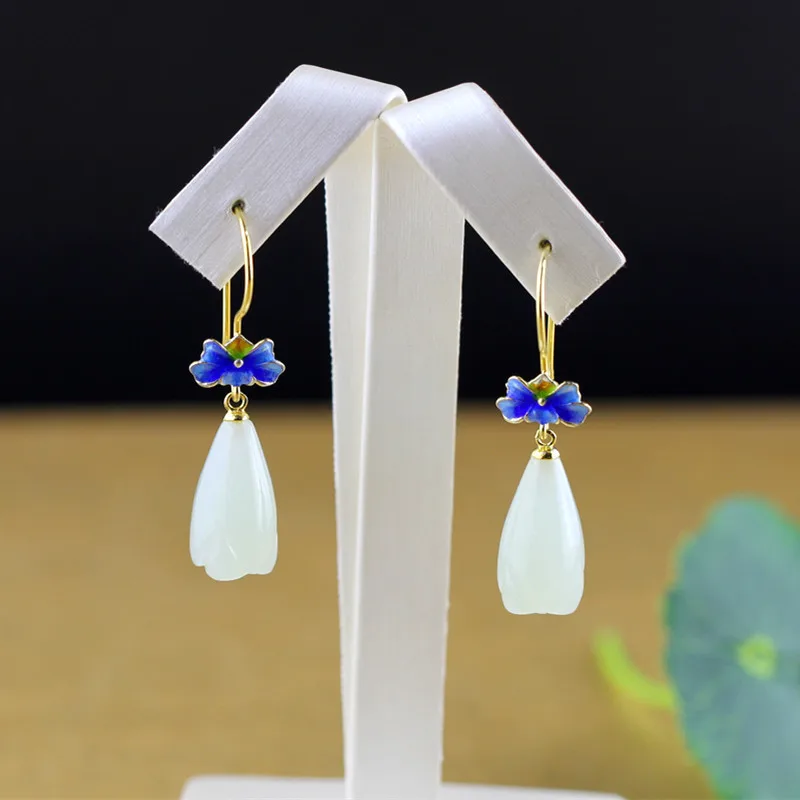 2019 Real Jade Golden Color Lotus Drop Earrings For Women Elegant 925 Sterling Silver Fine Jewelry Christmas Gift | Украшения и