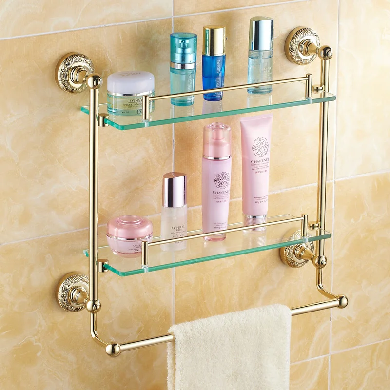 The new patent wide copper and gold antique makeup double towel bar Continental shelf with glass shelving units Goods|towel offers|towel