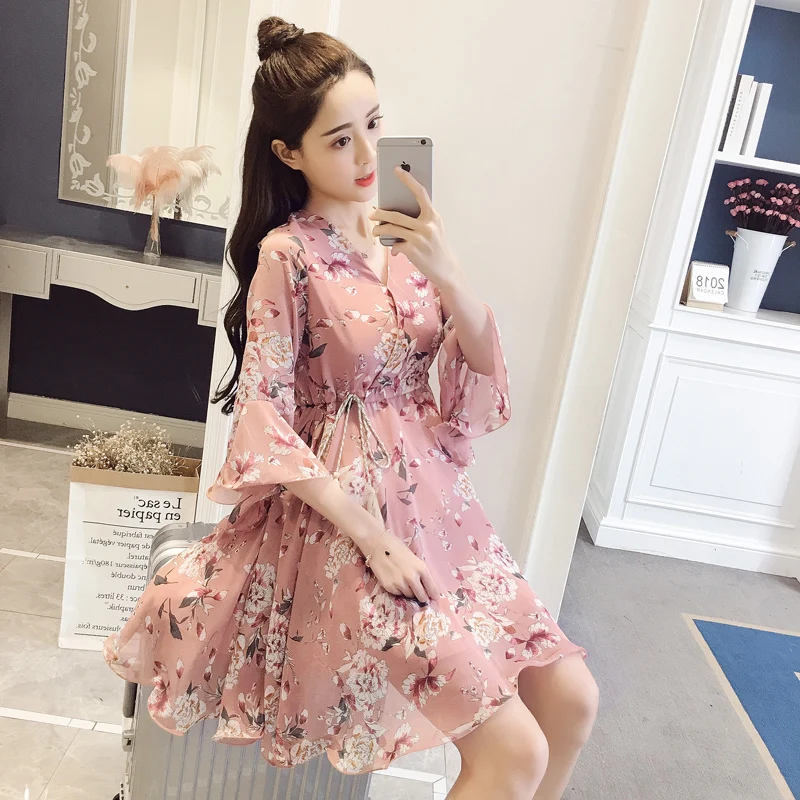 Милое шифоновое платье с принтом короткие женские платья V образным вырезом и