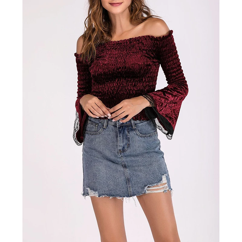 Women Velvet Lace Blouse Spring Off Shoulder Long Sleeve Slim Shirt Casual Solid Ladies Blusas Tops Female SJ764S |