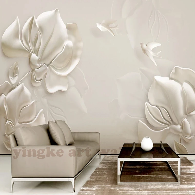 3d обои на заказ стереоскопический пластырь тисненый Магнолия цветы птицы белый