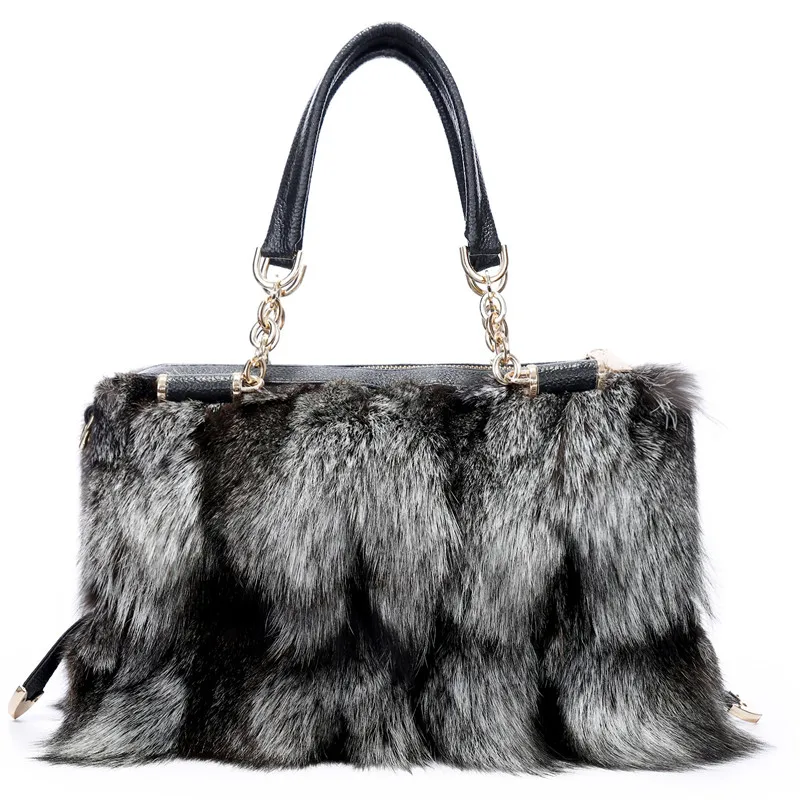 100% Real Fur Women Handbags Real Silver Fox Fur Messenger Bags Female Real Fur Purse Envelope Bag Real Leather Evning Bag