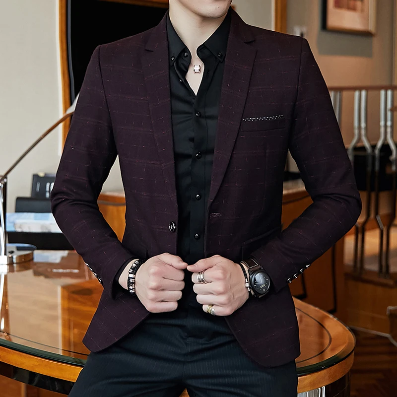 wine red Plaid Check Blazer Men Gold Yarn Spring Autumn Blazer Masculino Slim Fit Chaquetas Hombre De Vestir Mens Vintage Blazer - Цвет: wine red