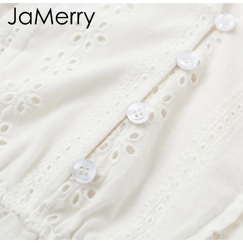 JaMerry Causal white embroidery lace hollow out blouse shirt women Ruffles woman blouse top Female elastic waist cotton tops