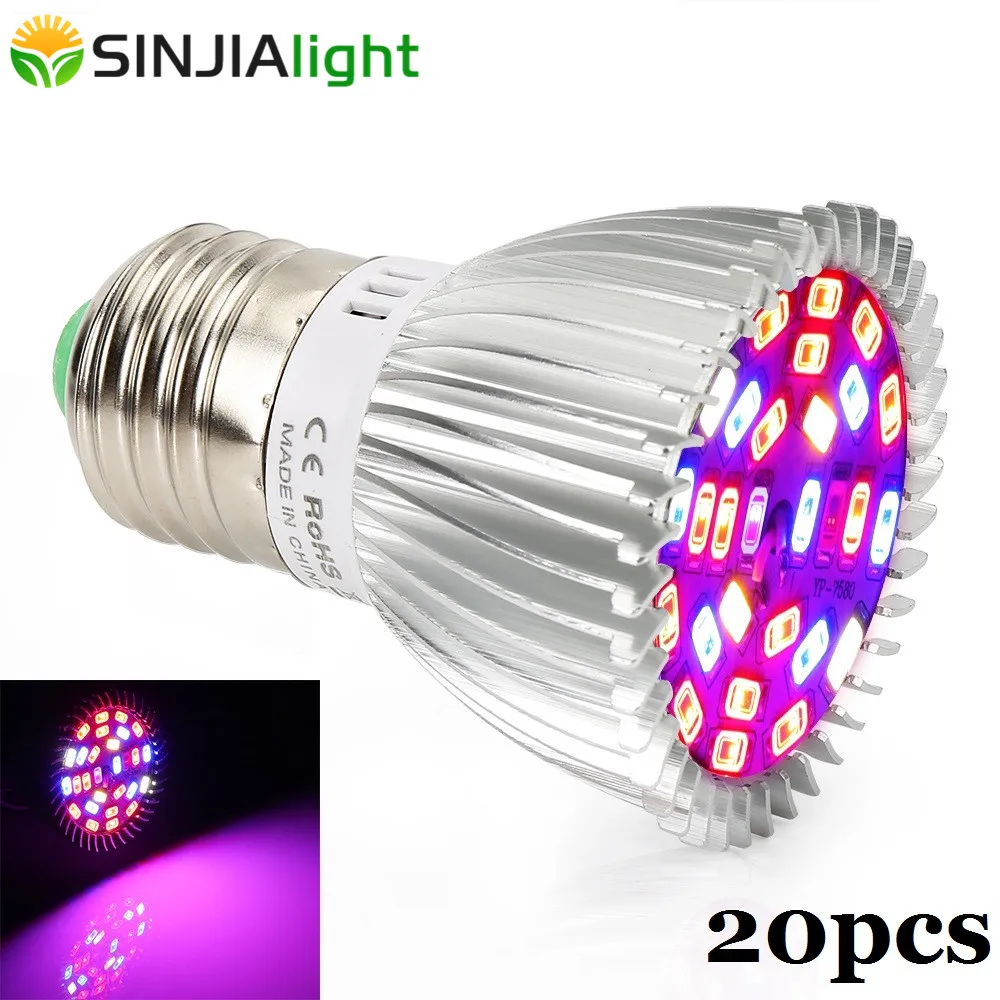 20pcs/lot 28W Plant Lamp LED Grow Lights Full Spectrum LED Bulb for Plants Growing Flowers Hydroponics Grow Box Wholesale