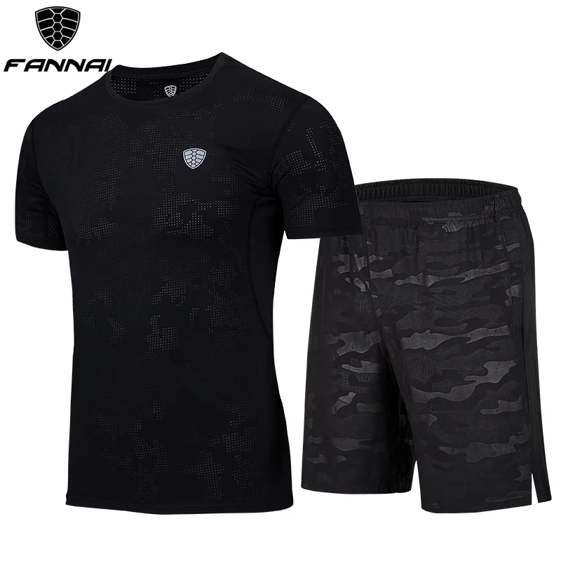 two-piece suit Black FANNAI, Спортивная мужская рубашка для бега, Мужская сухая футболка для бега, мужской спортивный костюм, рубашки для спортзала, мужская рубашка для бега, для фитнеса, черная рубашка - Цвет: two-piece suit Black