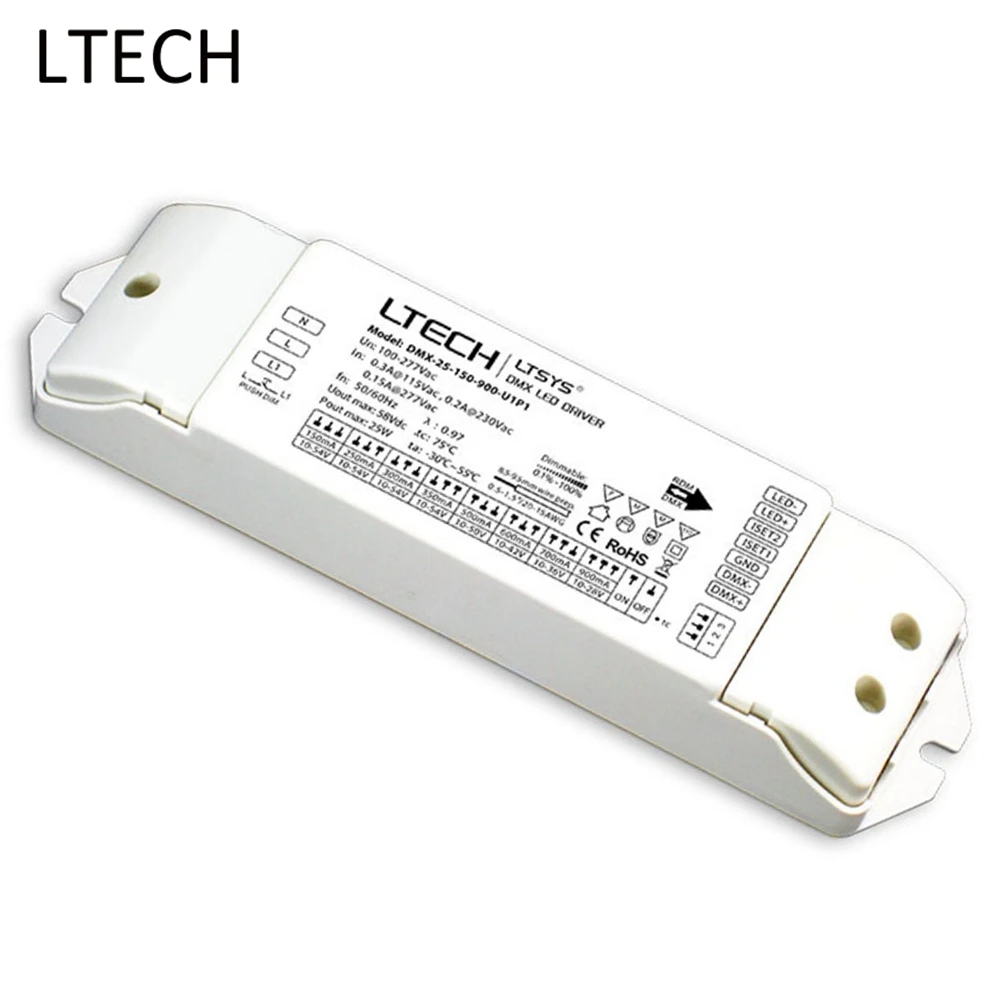 LTECH 25 Вт постоянный ток Светодиодный DMX затемнение драйвер 150 900 U1P1100 277VAC вход 900mA PVM