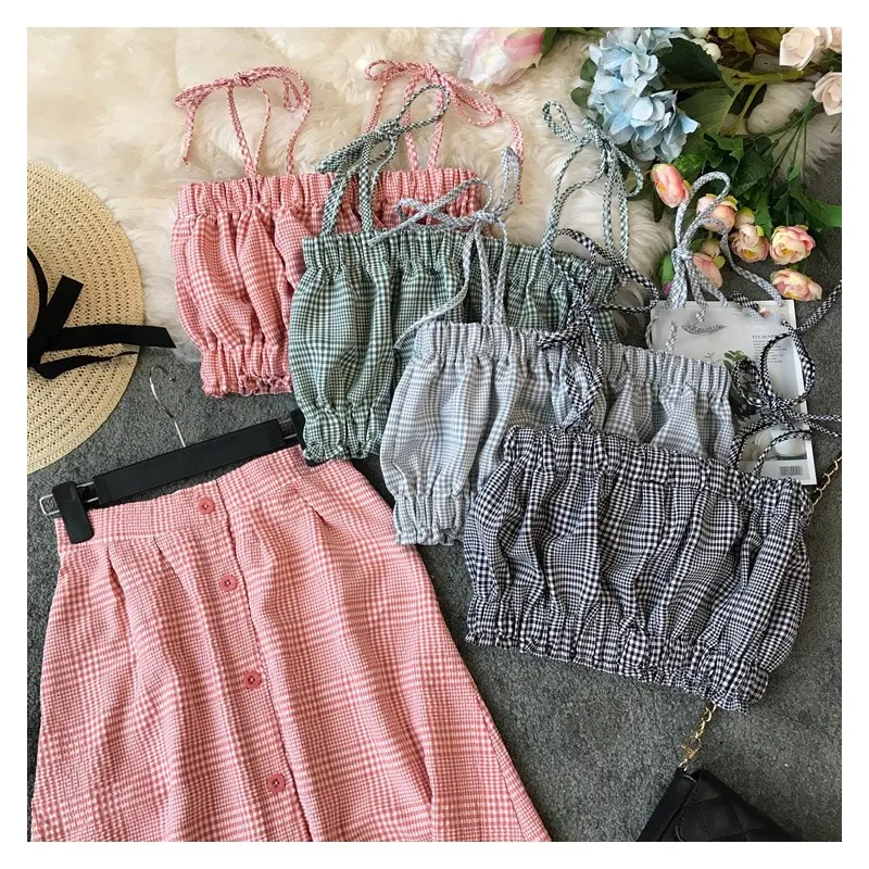 Женский клетчатый комплект из двух предметов на шнуровке повседневный