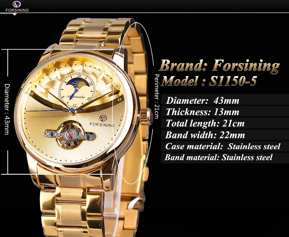Forsining Tourbillon автоматические мужские часы классические золотые мужские часы фаза Луны механические часы из нержавеющей стали наручные часы Relogio