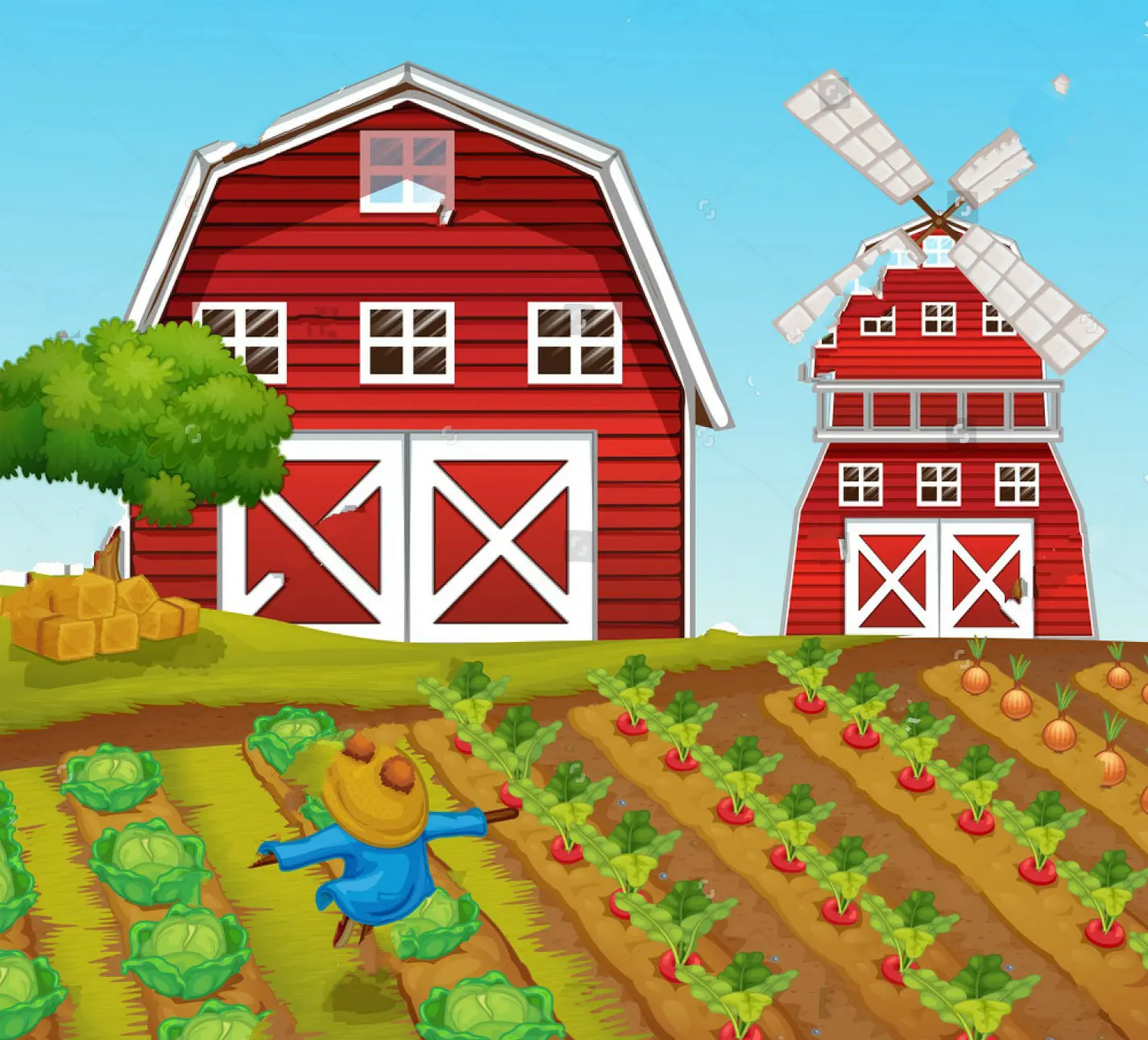 

Red Barn Rural Farm Landscape Windmill Tree background High quality Computer print children kids photo backdrop