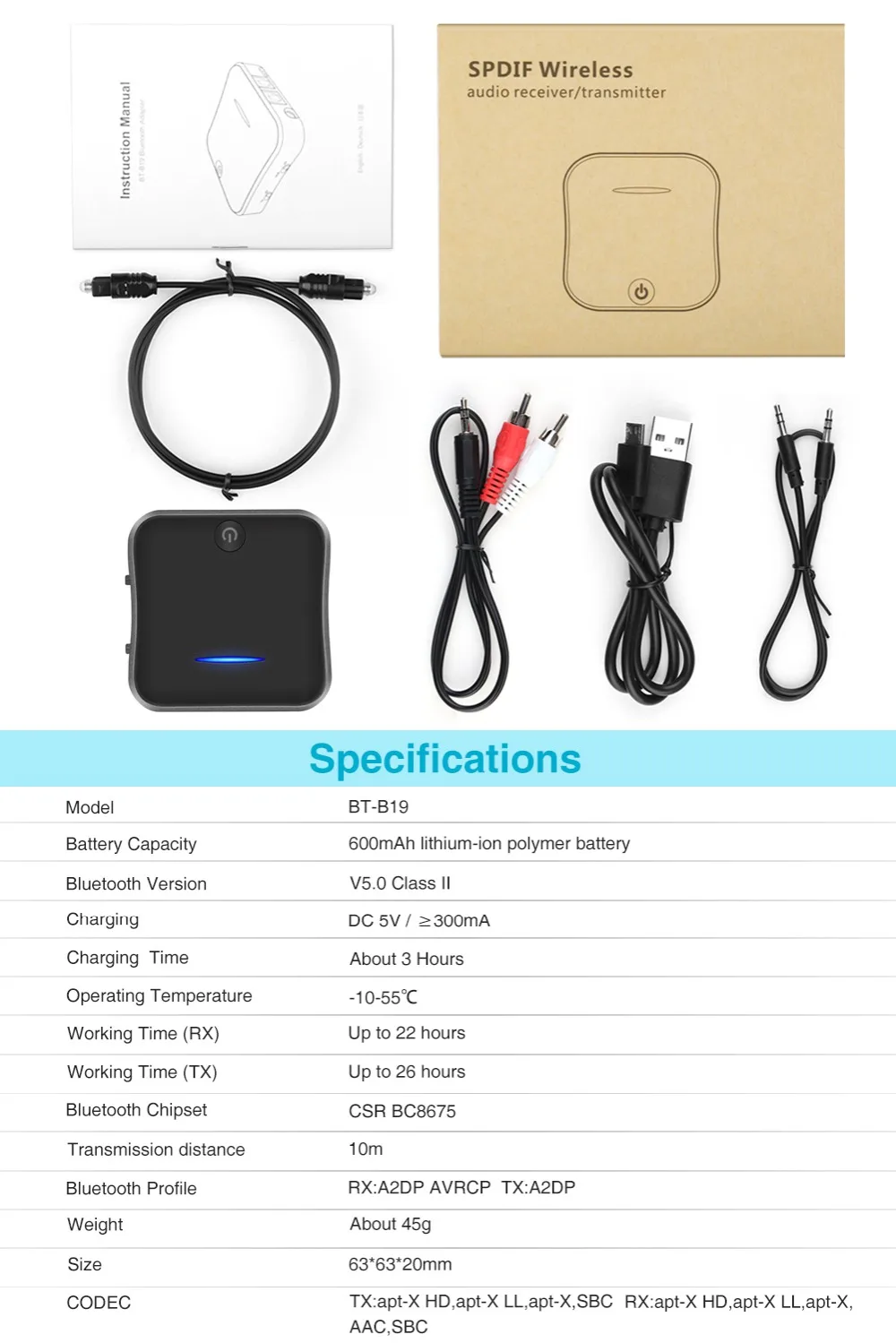 b19 aptx hd low latency bluetooth 5 0 audio transmitter receiver music csr8675 tv pc wireless adapter rcaspdif3 5mm aux jack free global shipping