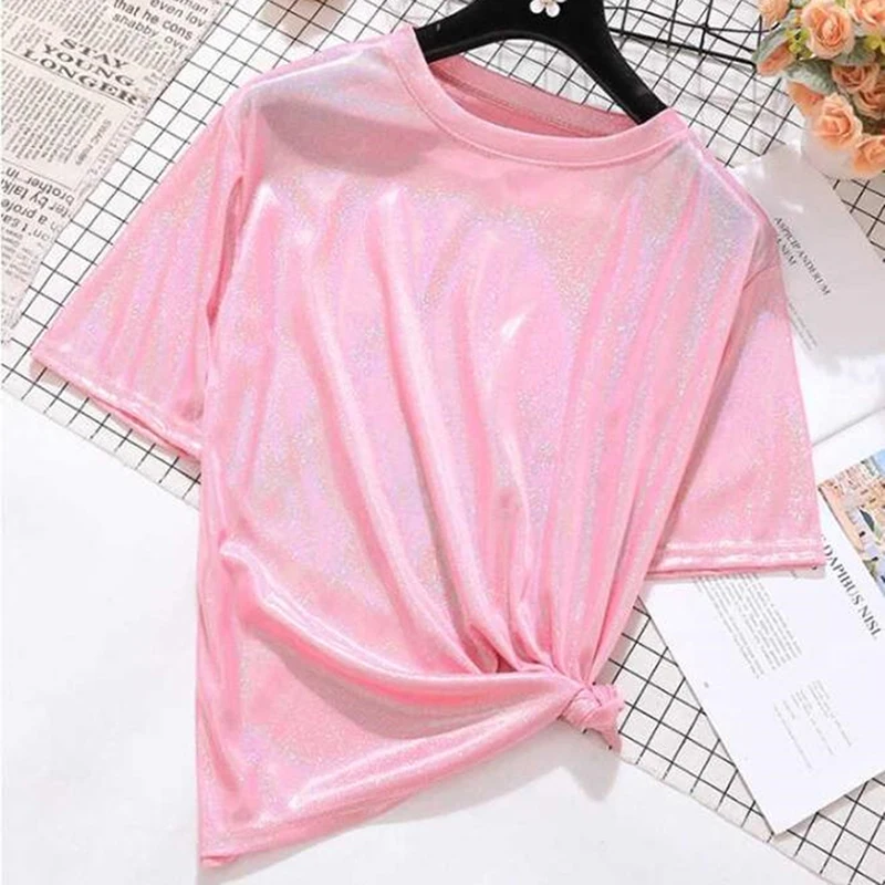 Женская Блестящая Однотонная футболка с круглым вырезом и коротким рукавом