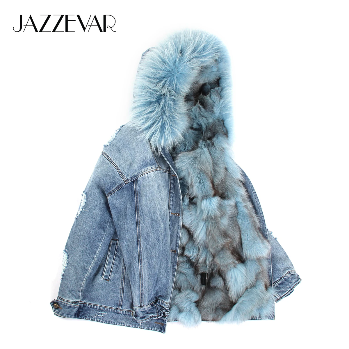 JAZZEVAR Новые зимние пуховик женский модные уличные женские джинсовые пальто из настоящего меха пуховик с мехом лисы съемная подкладка куртки с капюшоном