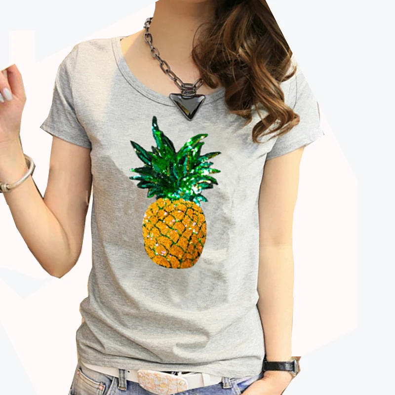 Женская новая летняя одежда 2021 хлопковая Футболка с принтом ананаса и блестками