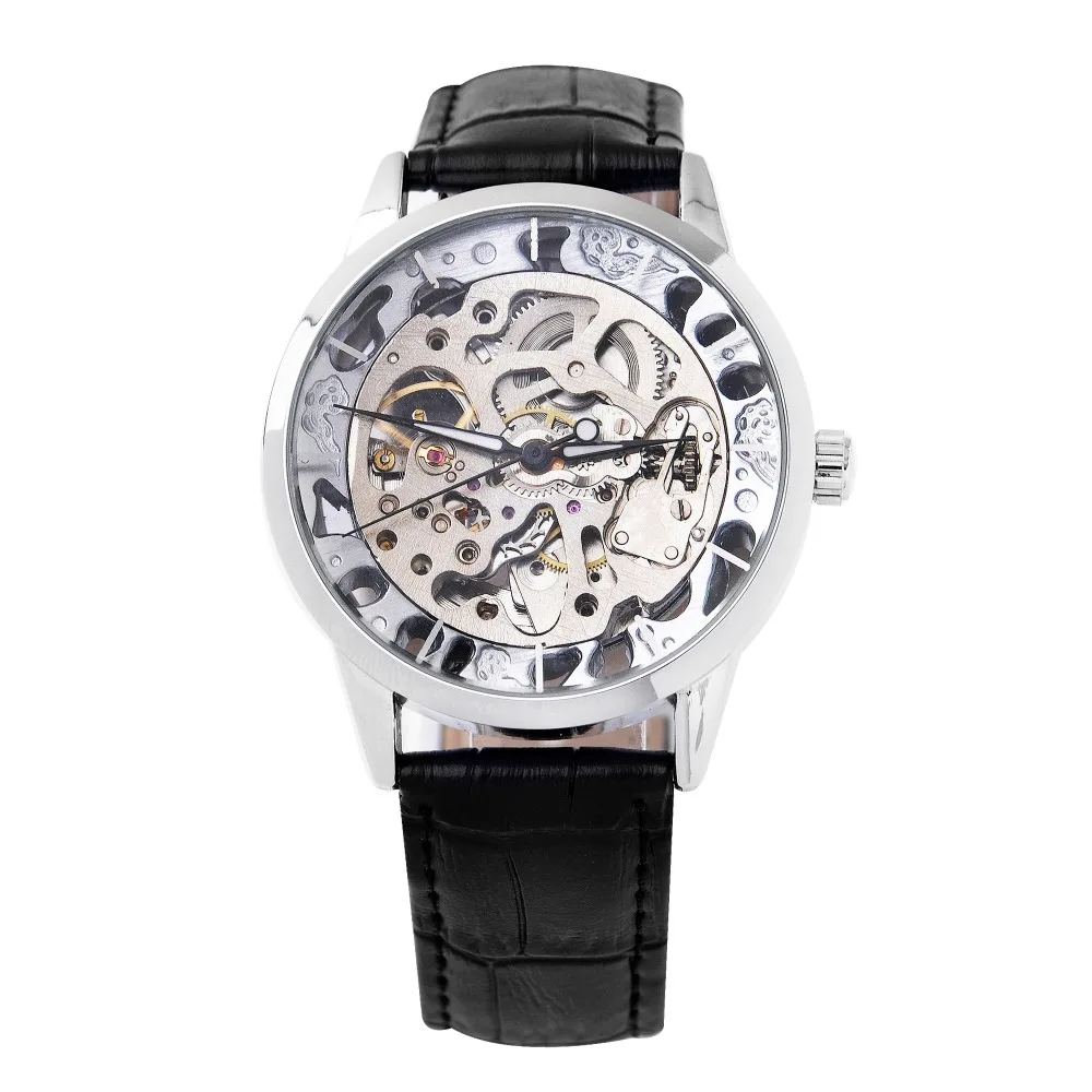 Мужские часы FLENT с кожаным ремешком автоматические Аналоговые наручные скелетом