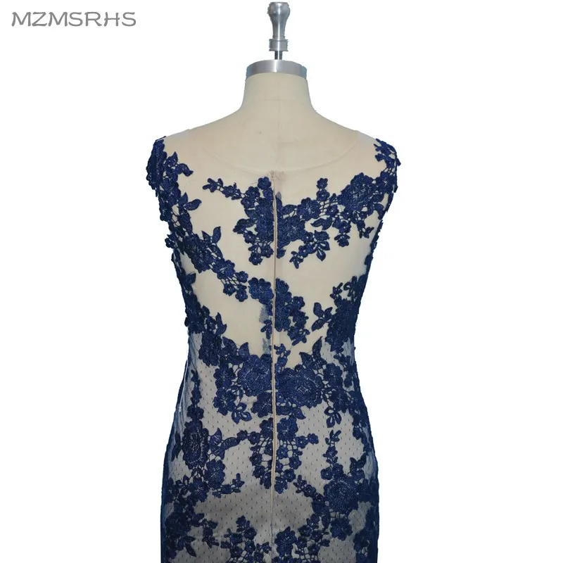 

Unique Design Navy Blue Applique Mermaid Lace Evening Dress 2017 Long Scoop Neck Elegant Sleeveless Evening Gowns Robe De Soiree