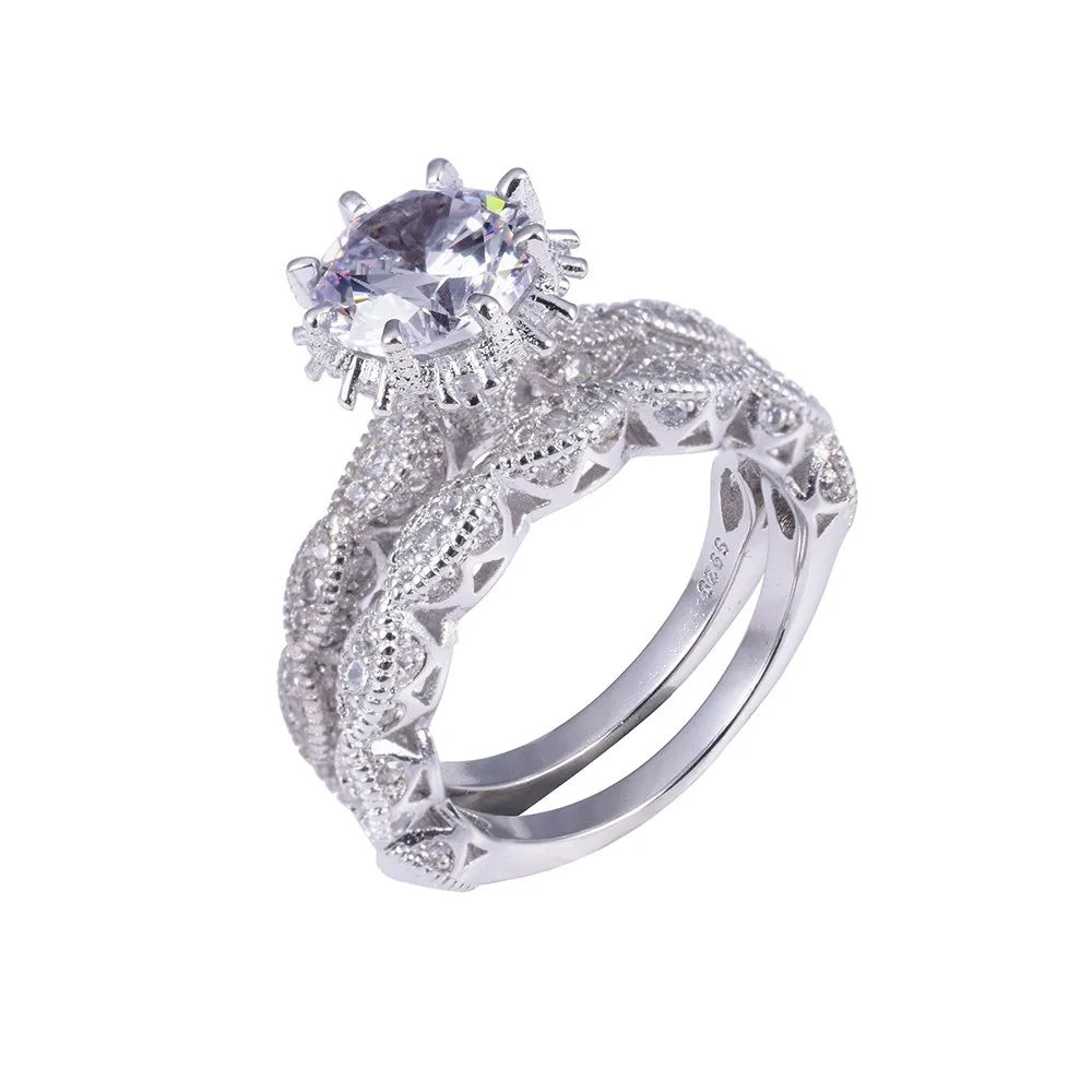 Белый Роскошный цветок 3ct Имитация Diamond Ring 2-в-1 Серебро 925 пробы Jewelry Обручение набор обручальных колец для Для женщин - Цвет камня: Белый