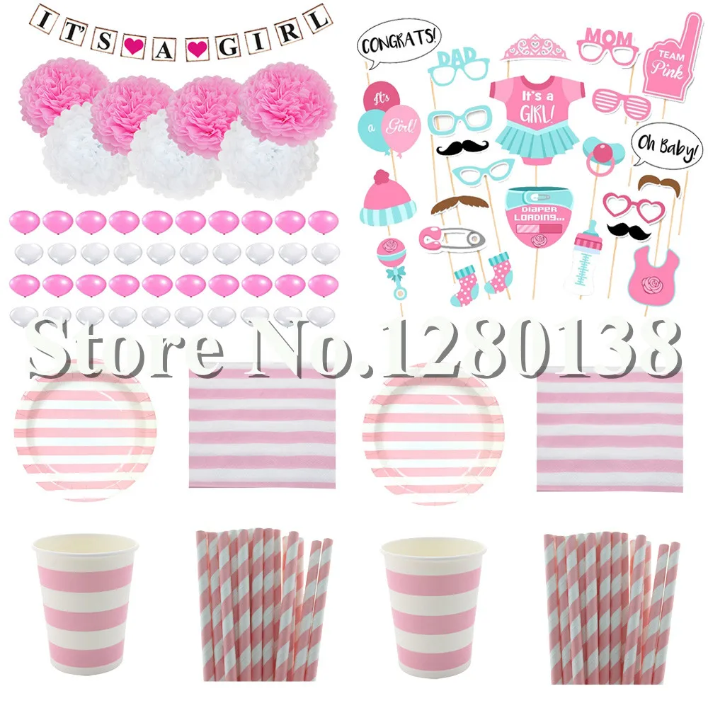 

Розовые украшения для будущей мамы, бумажный баннер, гирлянда, бумажные помпоны, бумажные чашки, тарелки, соломинки вечерние чные салфетки, ...