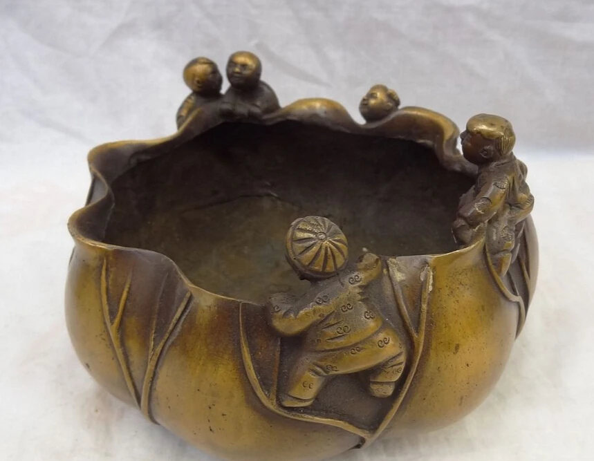 

song voge gem S2369 9" Chinese Bronze Buddhism 5 Kid Child On Lotus Leaf Statue Bowl Incense Burner
