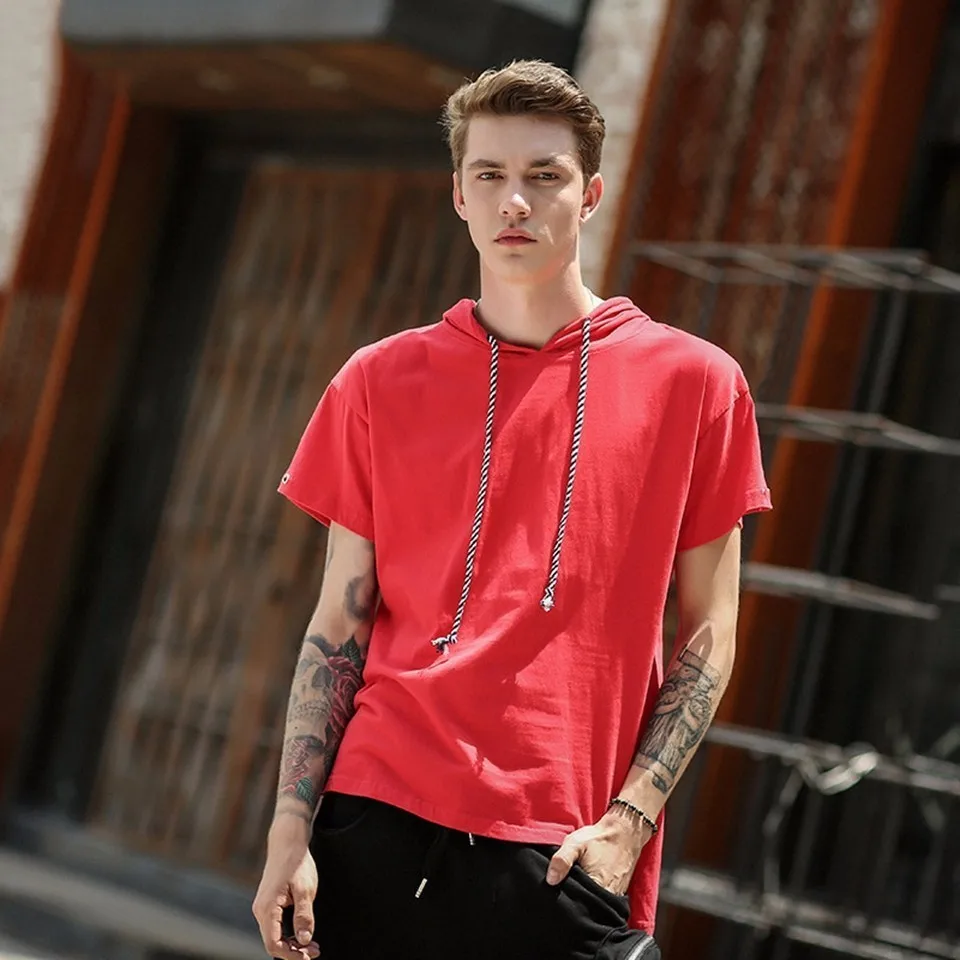 Мужская футболка из 100% хлопка с капюшоном коротким рукавом хвостом мягкая хип