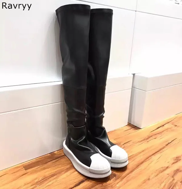 

Лаконичные черные кожаные эластичные длинные сапоги, женские ботфорты, ботинки на плоской платформе, модная женская обувь осень-зима