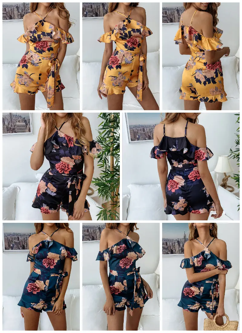 Forefair, женский комбинезон, короткий, сексуальный, бохо, пляжная одежда, Винтаж, с открытыми плечами, открытая спина, Холтер, комбинезон, Цветочный, с рюшами, летний, пляжный костюм