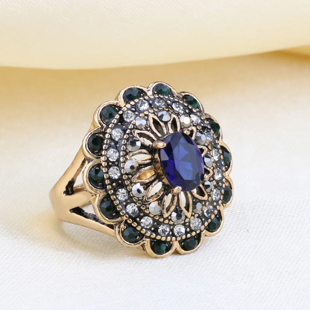 Женское Винтажное кольцо с крупным полым цветком и кристаллом античное золото