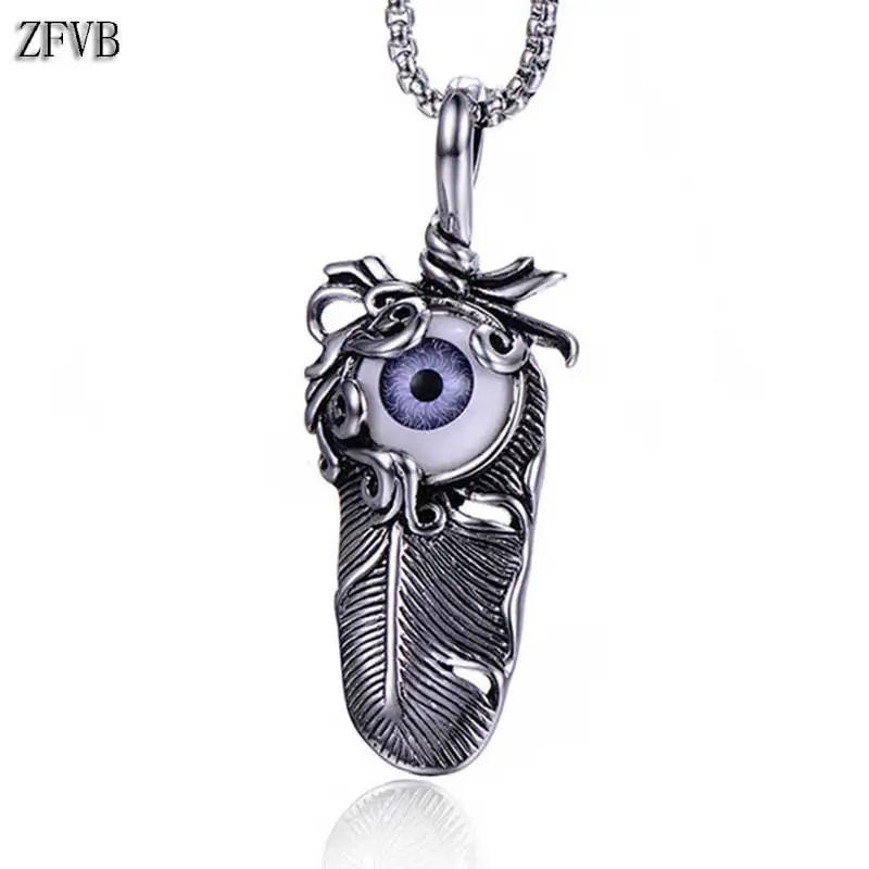 ZFVB Punk Feather Eye Necklaces Men's 316L Stainless Steel Vintage Silver color Leaf Necklace Pendants Statement Jewelry Bijoux |