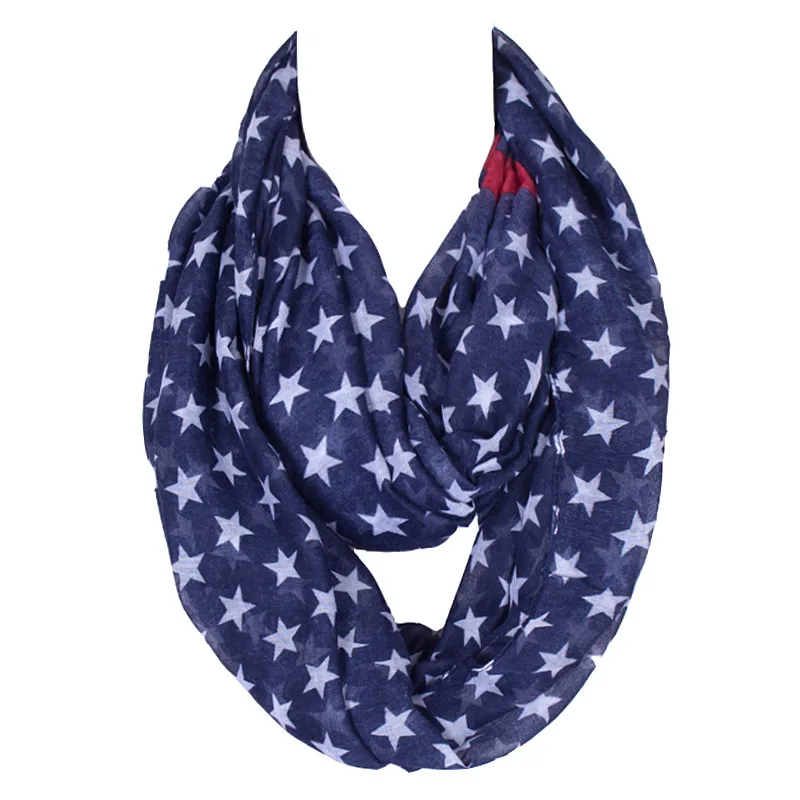 

New Lightweight Fashion Women Scarf Large Navy Blue Stars Striped Print Polyester Ring Loop Circle 180*100cm