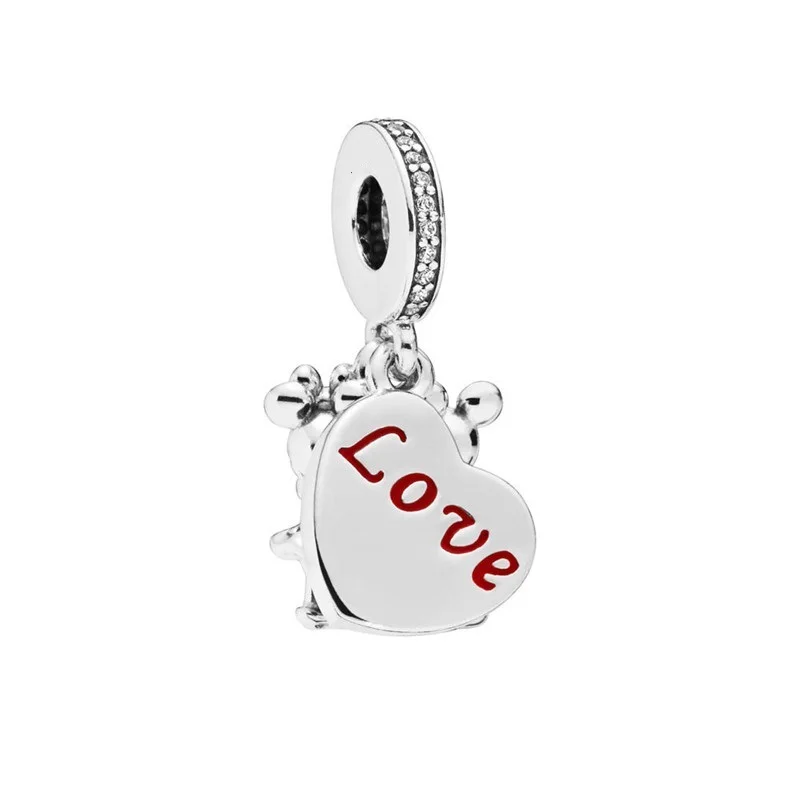 Fit Pandora браслет Минни и Микки с любовью Подвеска Шарм в форме сердца Красная эмаль и CZ ручная работа серебро 925 ювелирных изделий FL904