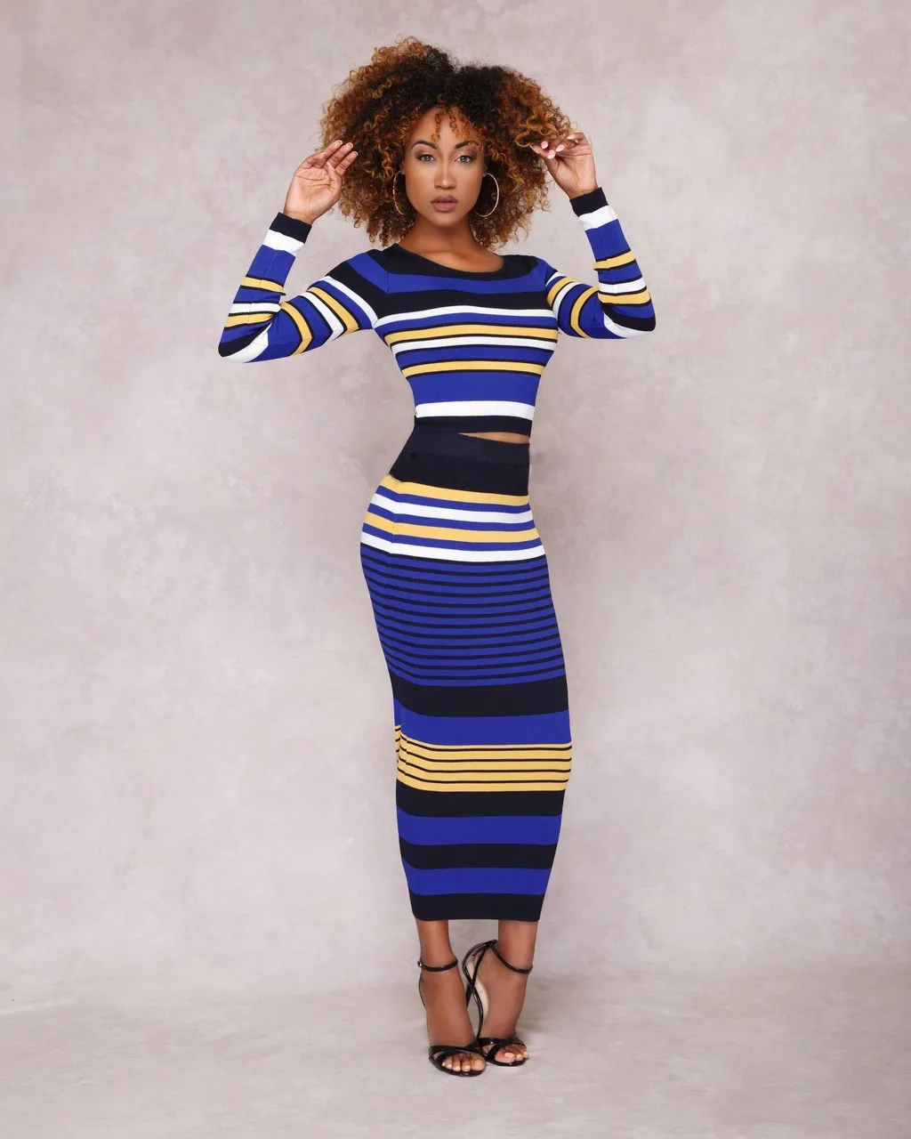 Для женщин Повседневное комплект из двух предметов платье в полоску ребристые 2