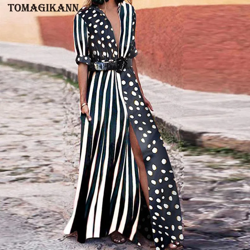 2019 весенние полосатые платья в горошек с принтом стиле пэчворк женские длинные