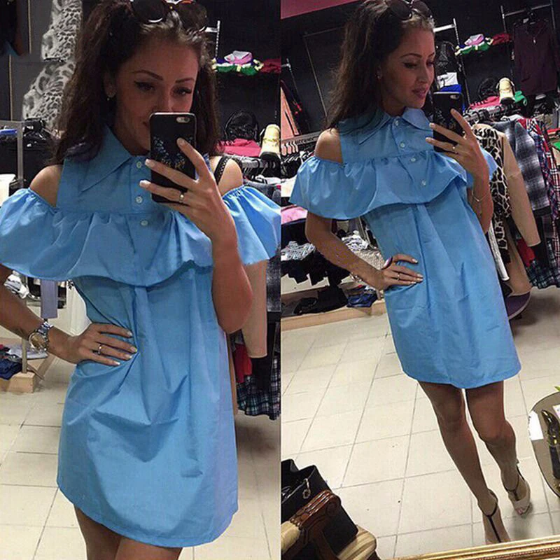 2017 Женщины Летний Новый Повседневная Синий Оборками Рубашки Dress симпатичные