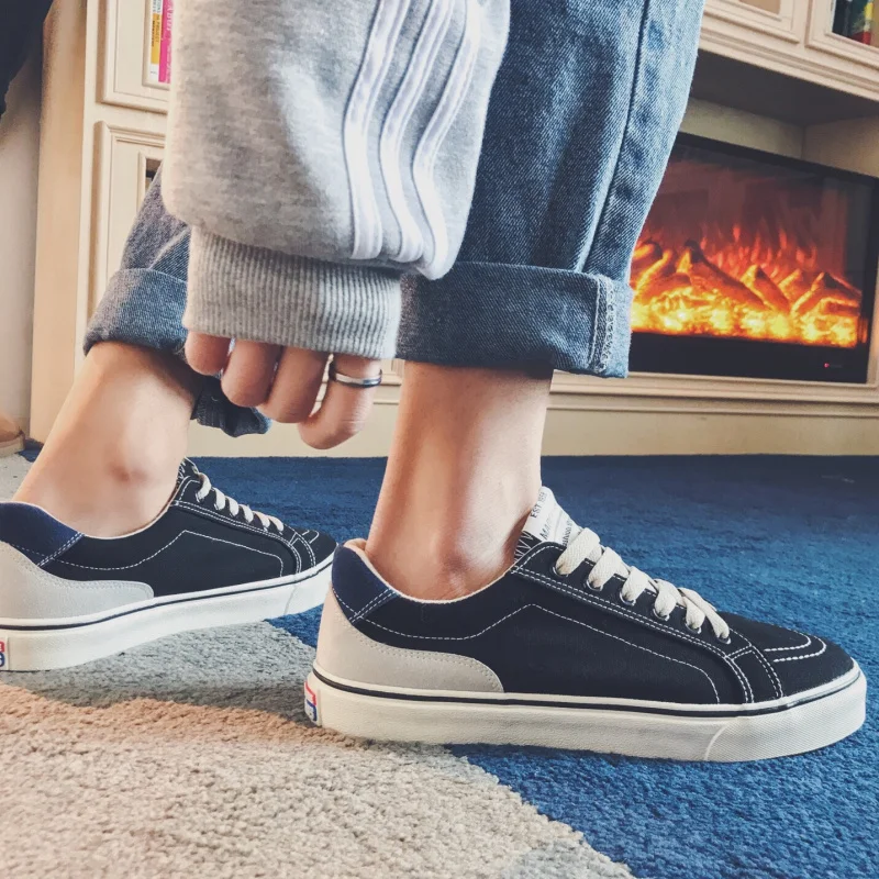 Мужские парусиновые туфли синие повседневные на плоской подошве с