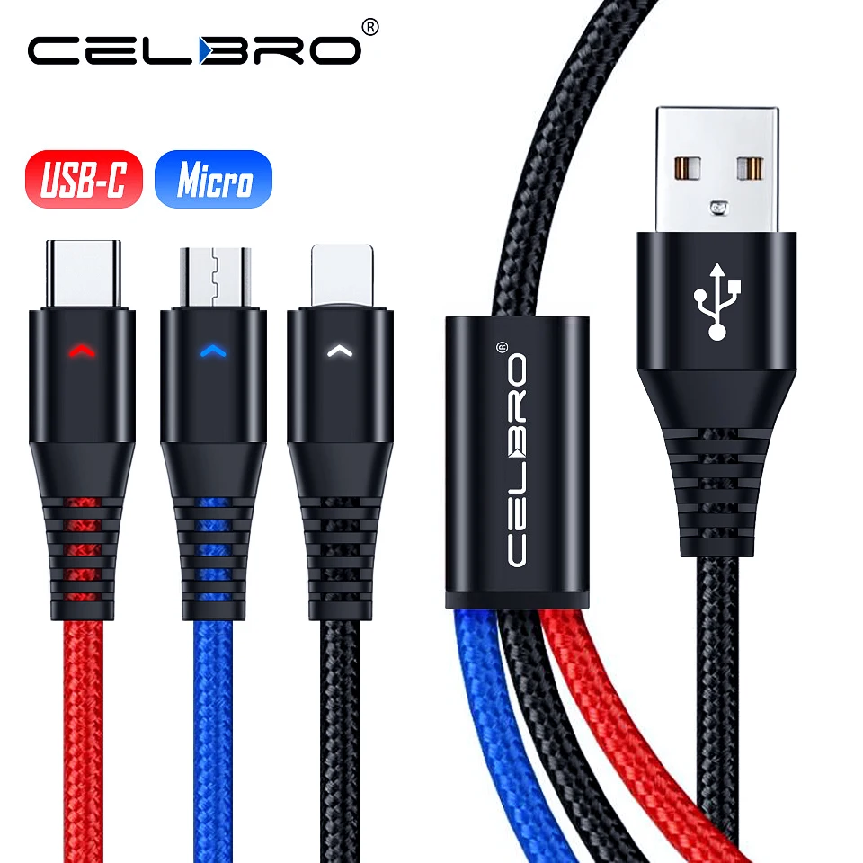 3 в 1 Usb кабель для зарядки 2 м Micro Usb type C кабель 1,2/2 м Кабо Для samsung Note10 Plus A50 A70 Redmi Note 8 8A Garas Cavo