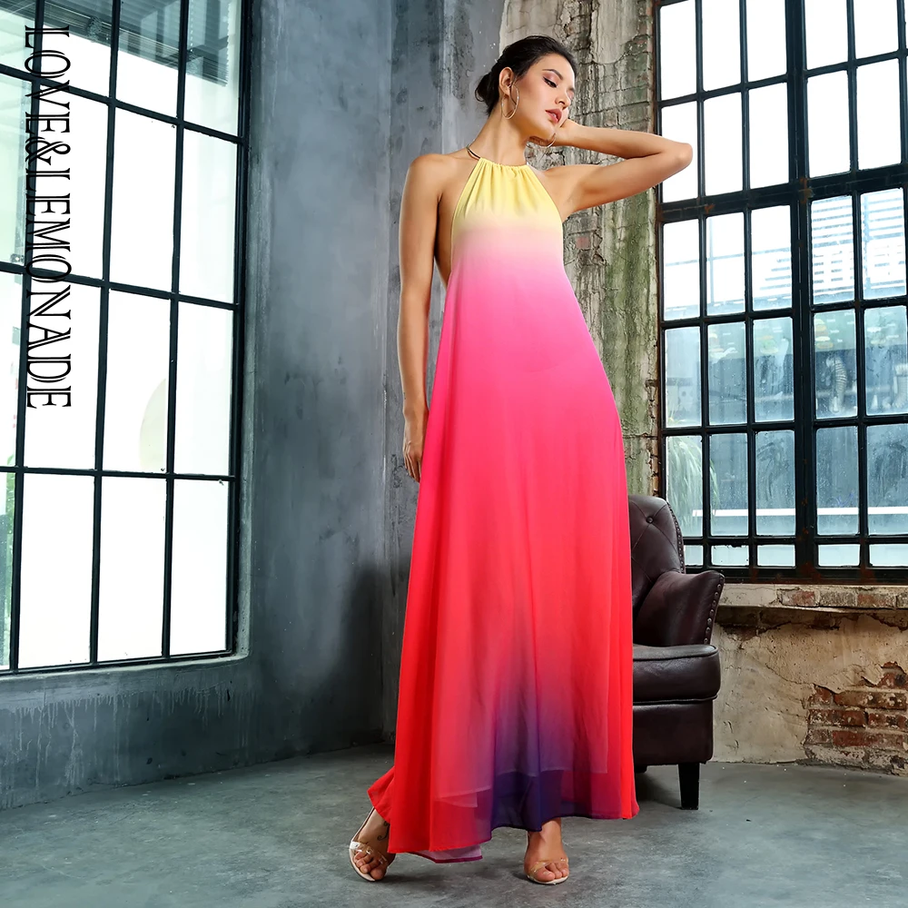 Женское длинное платье LOVE &amp LEMONADE шифоновое с металлическим круглым вырезом и