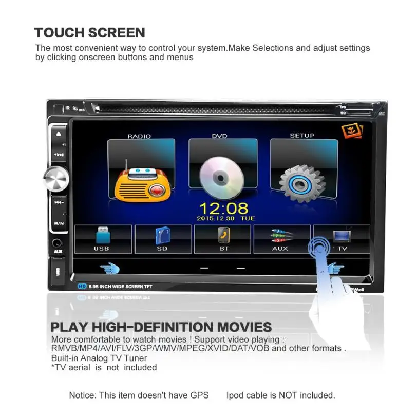 Новое поступление автомобильный DVD CD плеер 7 дюймов 2 DIN Bluetooth Сенсорный экран Радио Аудио USB iPod SD FM/AM jr9