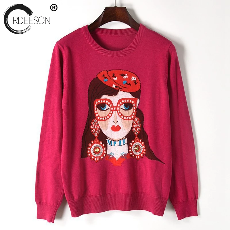 ORDEESON Beading Beautiful Jacquard Glasses Print Women Sweaters and Pullovers Jumper winter round neck Knitted Sweater Casual | Женская