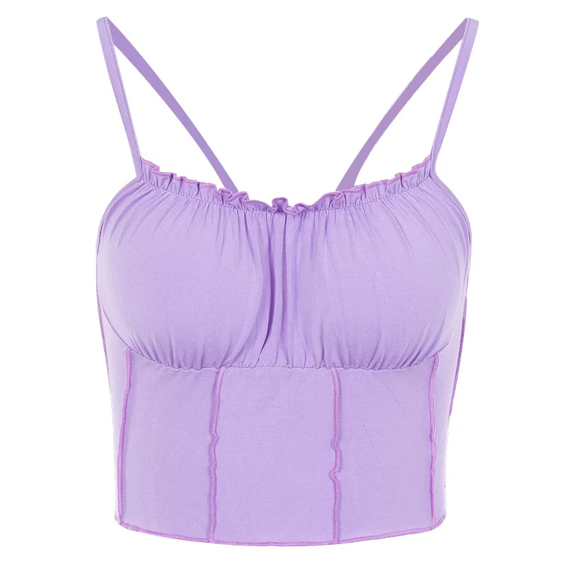Женский укороченный топ с рюшами и лямкой на шее фиолетовый белый черный клубный