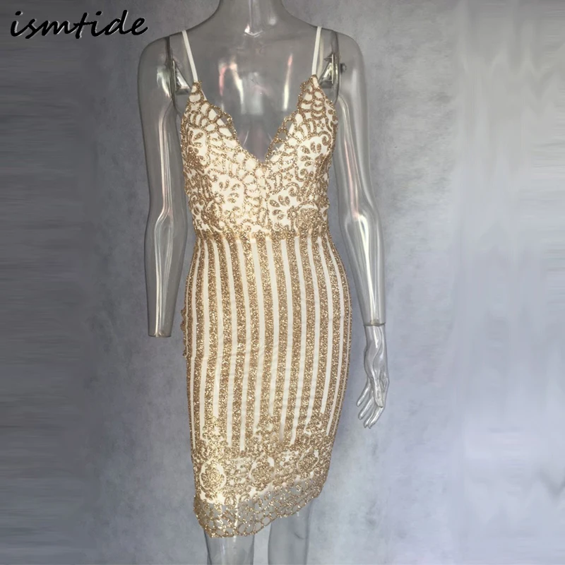 платье женское с пайетками Золотой блесток Для женщин глубоким v-образным