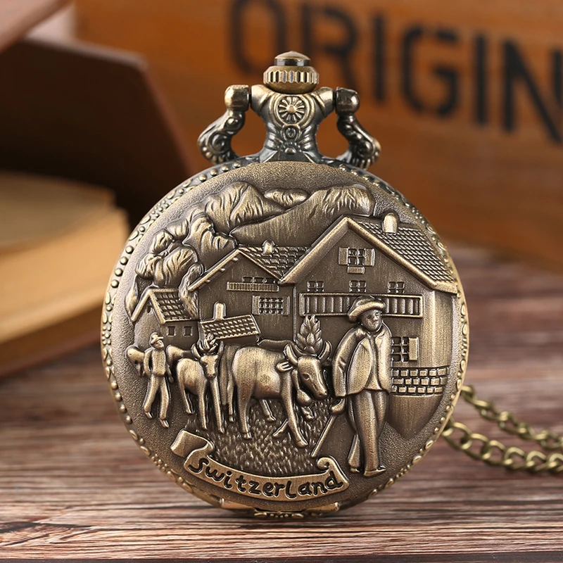 Switzerland Pastoral Cows Buffalos Pocket Watch Farmers Life Necklace Chain Souvenior Clock Special Peasant Family Friends Gifts | Наручные