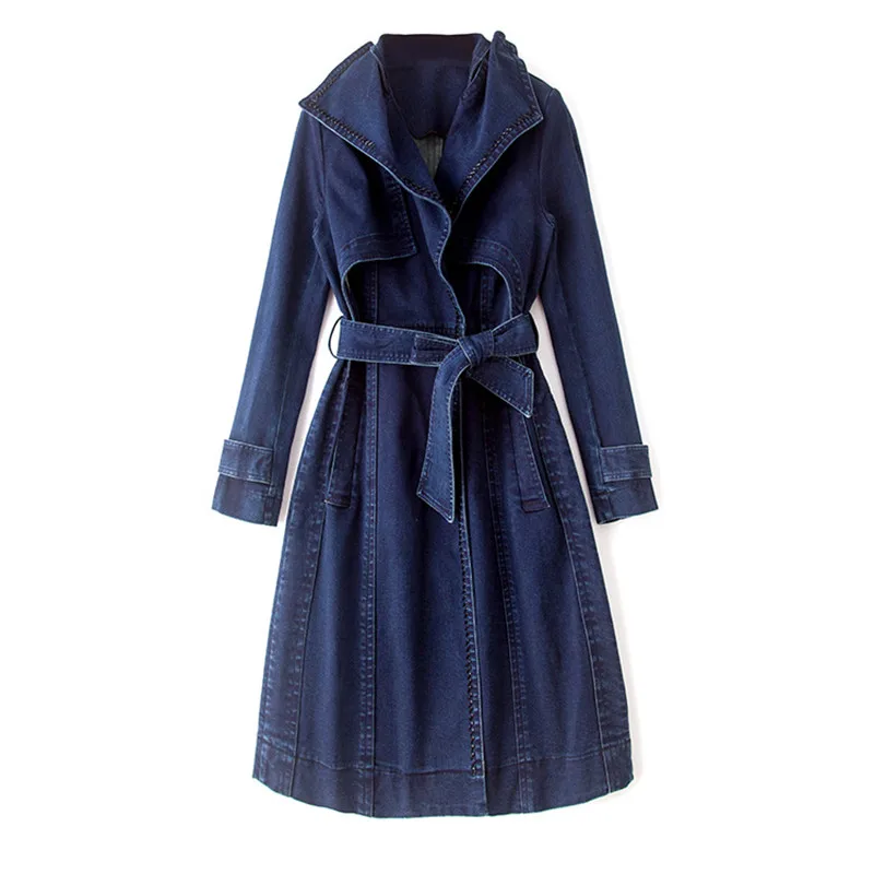 

2021 Spring Fashion Tie Blue Denim Jacket For Women New Long Seelve Women's Denim Windbreaker Europe America Long Windbreaker