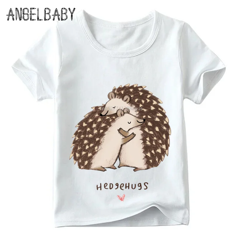 

Children Hedgehog Hug/Kiss Cartoon Design T shirt Boys/Girls Summer Short Sleeve Tops Kids Soft White T-shirt,ooo2121