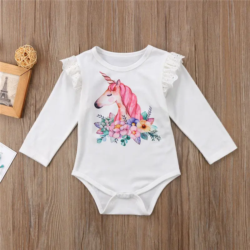 Одежда для новорожденных мальчиков и девочек длинный рукав Единорог комбинезон