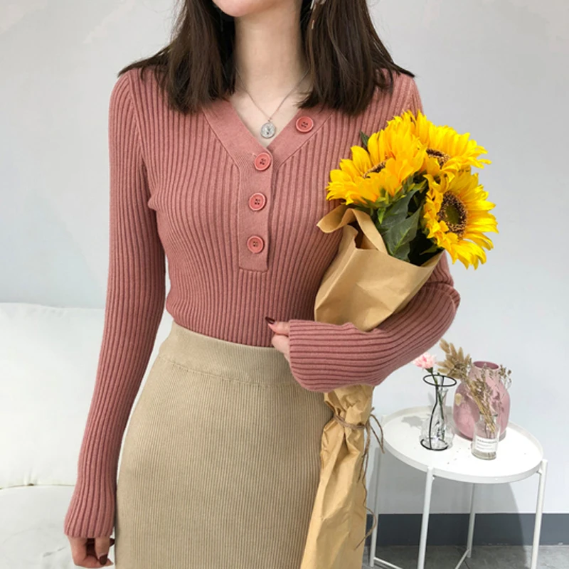 Casual V-neck Knitted Sweater Women Fashion Button Soft Jumper Female Slim Elastic Pullovers 2019 Autumn Knit Tops | Женская одежда