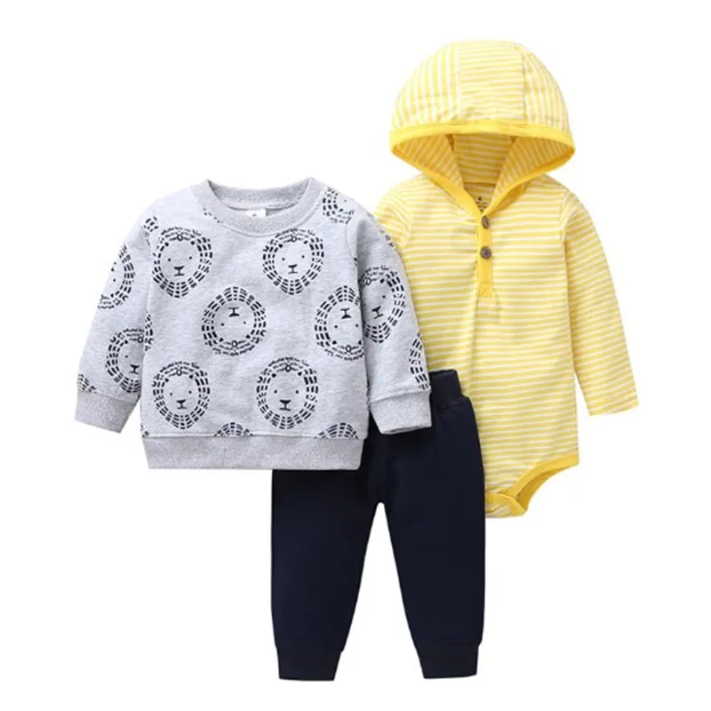2019 New 3pcs Set Baby Boys Girls Cartoon T-shirt long Sleeved bodysuit Print Pants PP Cotton Newborn stripe Clothing Sets | Детская