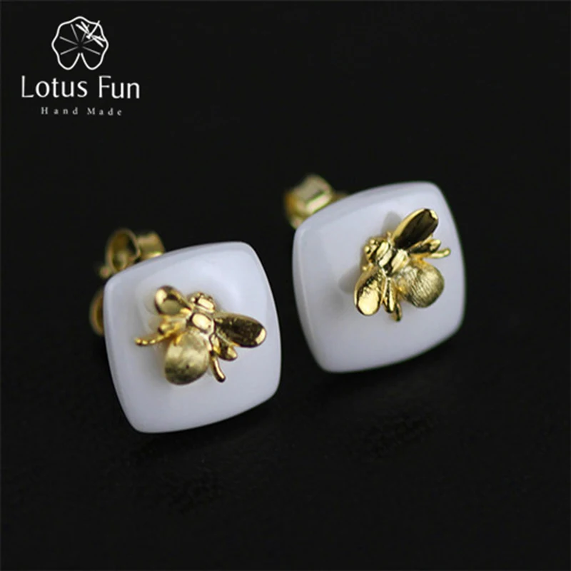 Lotus Fun Настоящее серебро 925 пробы Серьги натуральный ручной работы дизайнерские ювелирные изделия пчелы поцелуй из розы серьги гвоздики для женщин
