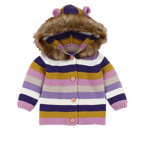 purple striped Детский свитер; кардиган с ушками для маленьких девочек; вязаные куртки с капюшоном для новорожденных мальчиков; Весенняя Детская куртка; пальто с капюшоном; свитера для девочек - Цвет: purple striped