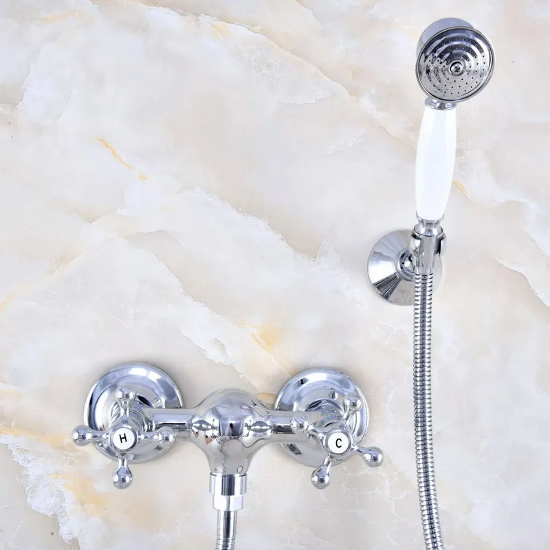 

Wall Mount Polished Chrome Brass Bathroom Two Cross Handles Hand Shower Faucet Mixer Tap Set Telephone Shape Hand Spray ana775